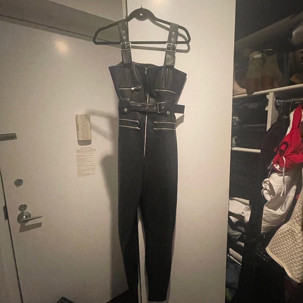 WeWoreWhat Black Leather-Trim Jumpsuit